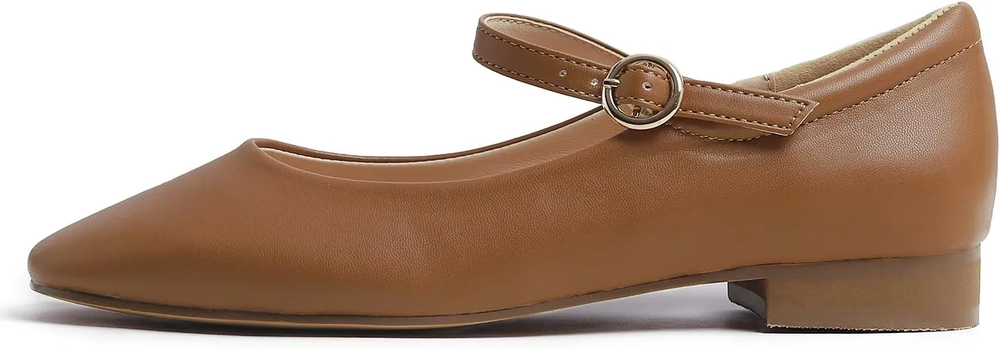 FEVERSOLE Women's Mary Jane Fashion Square Toe Padded Ankle Low Heel Slip On Flats