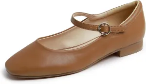 FEVERSOLE Women's Mary Jane Fashion Square Toe Padded Ankle Low Heel Slip On Flats