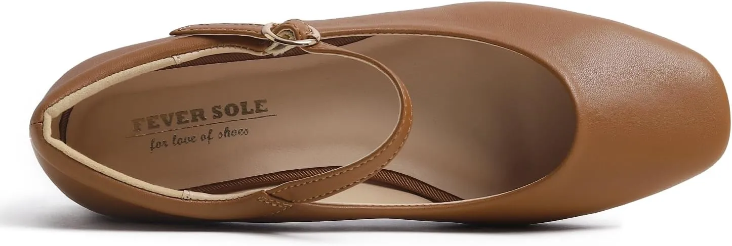FEVERSOLE Women's Mary Jane Fashion Square Toe Padded Ankle Low Heel Slip On Flats