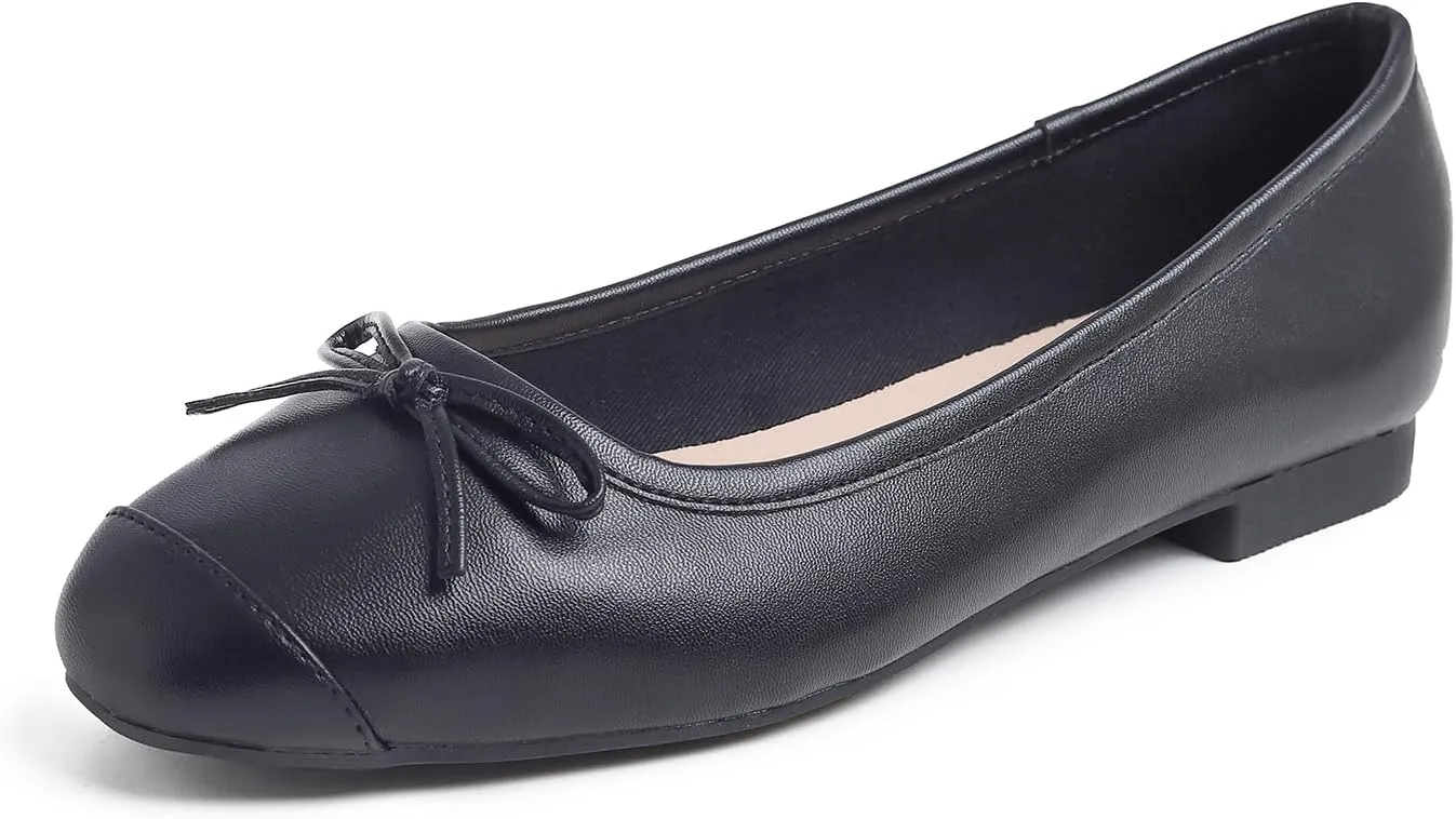 FEVERSOLE Women's Square Toe Fashion Bow Tie Dress Slip On Ballet Flats