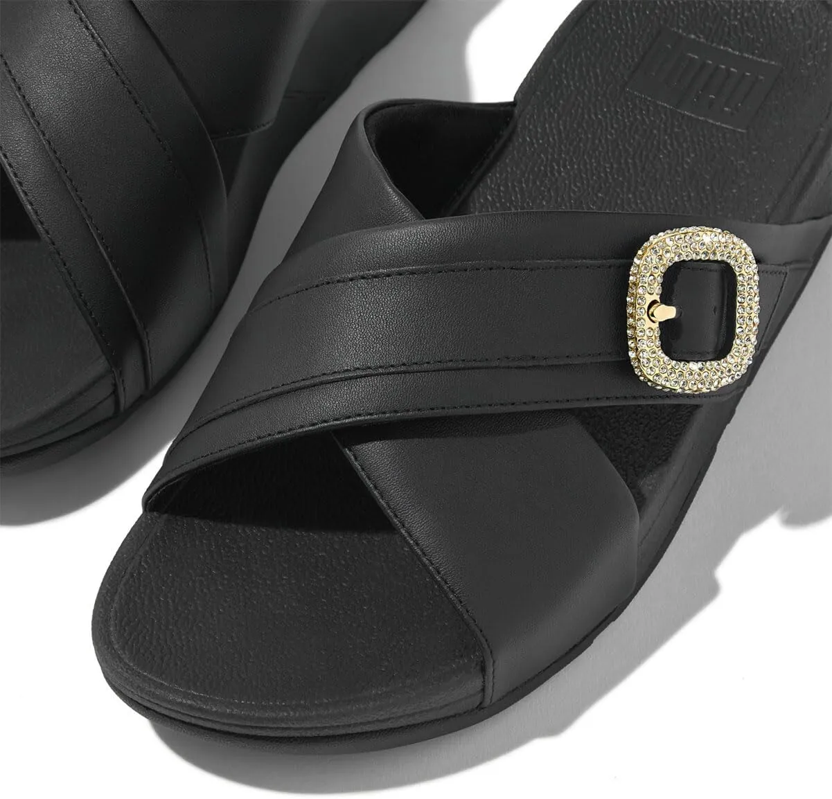 FitFlop Women's Lulu Crystal-Buckle Leather Cross Slides Wedge Sandal