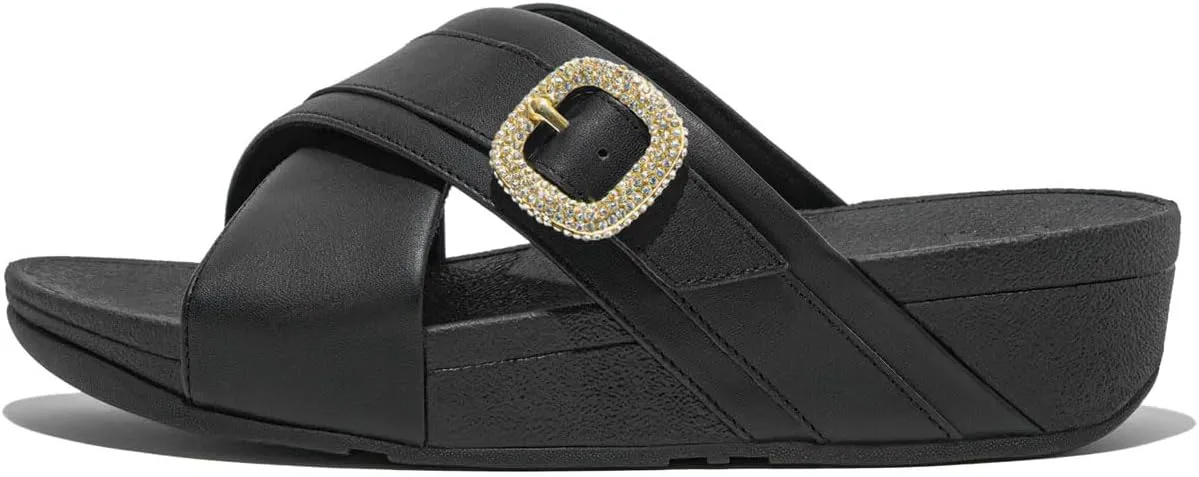 FitFlop Women's Lulu Crystal-Buckle Leather Cross Slides Wedge Sandal