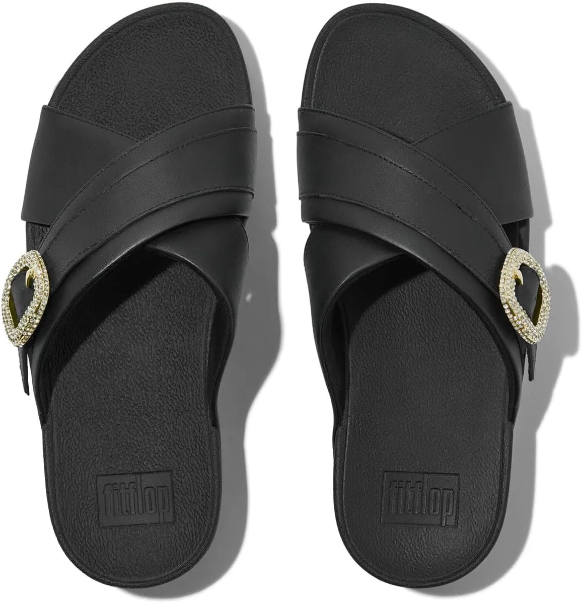FitFlop Women's Lulu Crystal-Buckle Leather Cross Slides Wedge Sandal