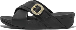 FitFlop Women's Lulu Crystal-Buckle Leather Cross Slides Wedge Sandal