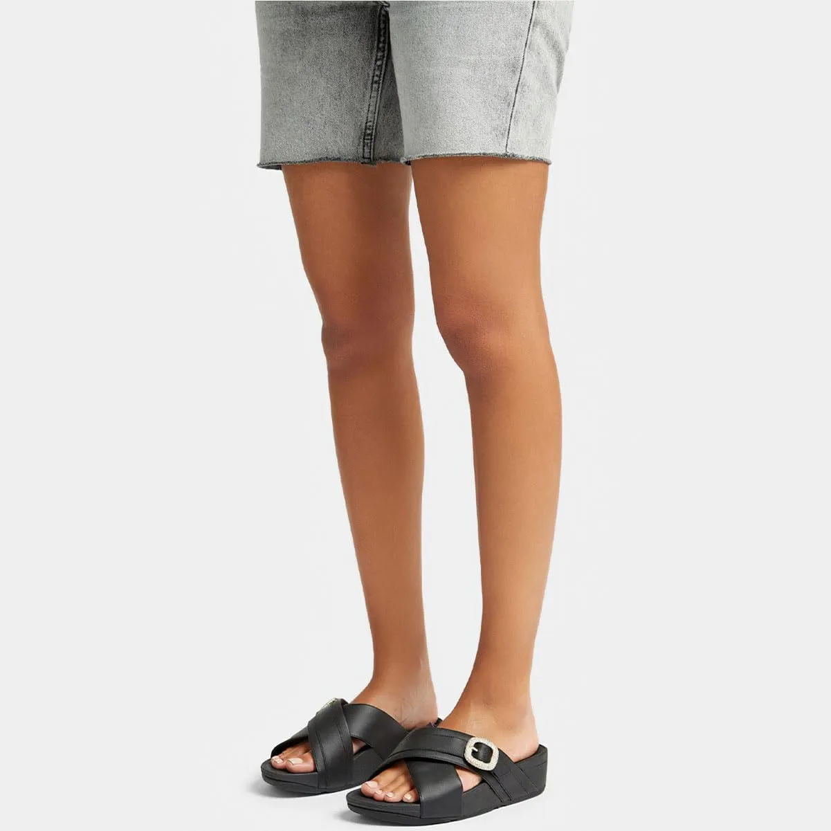 FitFlop Women's Lulu Crystal-Buckle Leather Cross Slides Wedge Sandal