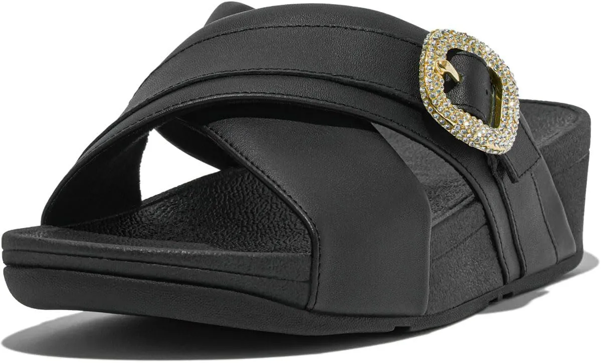 FitFlop Women's Lulu Crystal-Buckle Leather Cross Slides Wedge Sandal