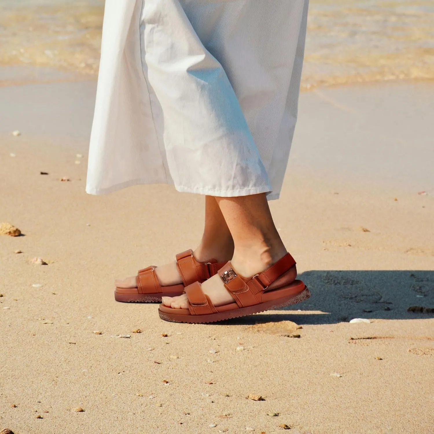 FITORY Women's Flat Sandals Classic Adjustable Double Strap with Cushioned Footbed for Summer Size 6-11