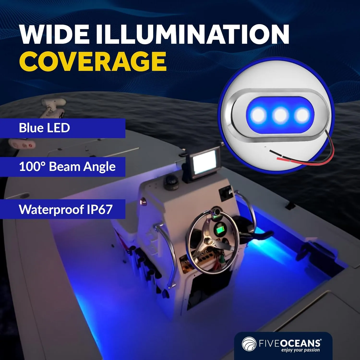 Five Oceans Ultra-Flat LED Boat Courtesy Lights, Blue - Boat Interior Lights, 12-Volt, Oculus Style 3-1/8 x 1-7/16 x 3/16 inch - Waterproof LED Marine Lights for Boats Pontoon RVs - FO4805