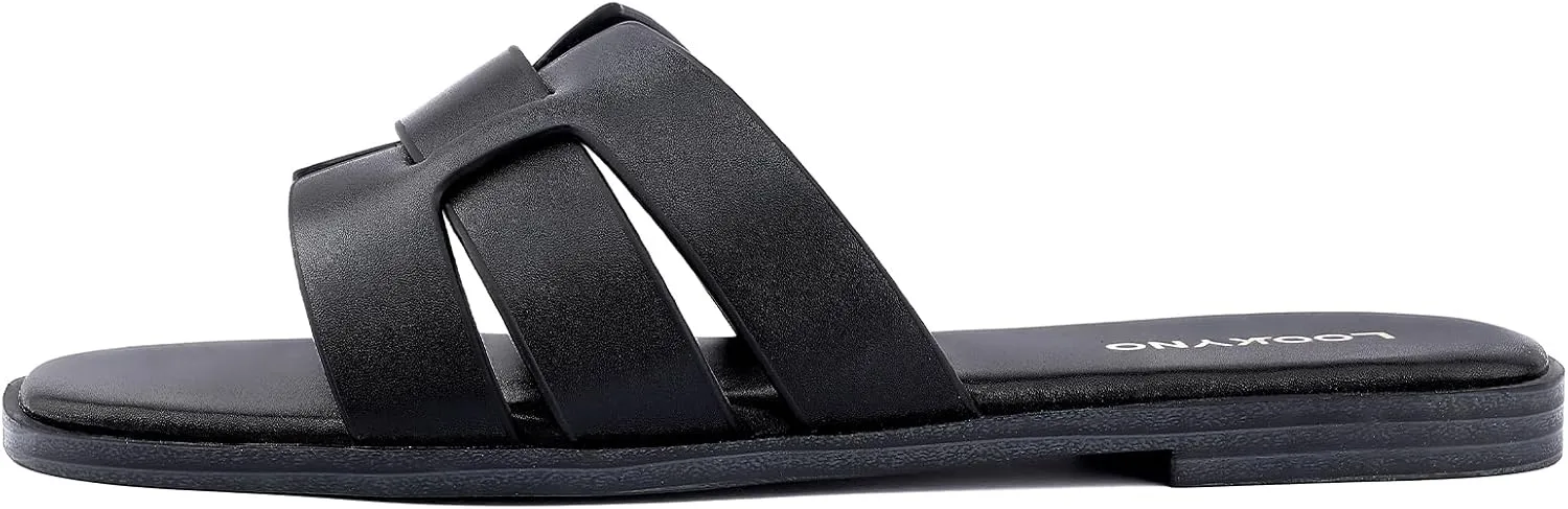 Flat Sandals for Women 2025 Dressy Summer Leather Slides with Square Open Toe