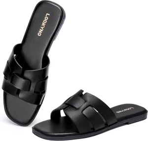 Flat Sandals for Women 2025 Dressy Summer Leather Slides with Square Open Toe