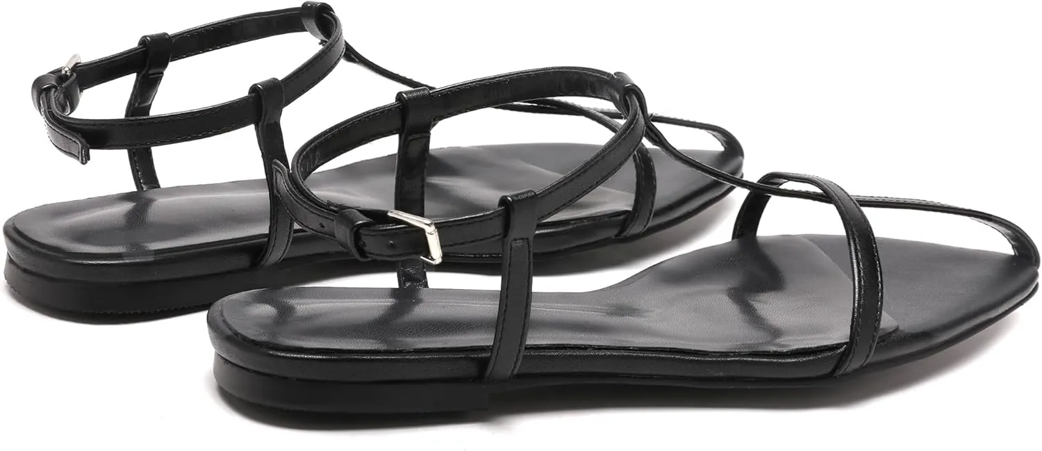 Flat Sandals for Women with Metal Buckle Ankle Strappy Ladies Fashion Slide Sandals Comfortable Summer Open Toe Women Sandals Dressy.