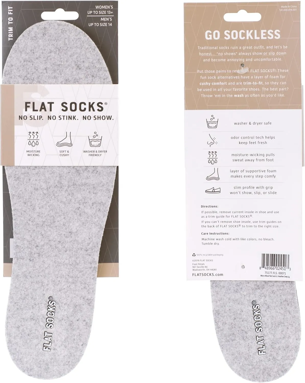 FLAT SOCKS Womens No Show Socks, Sockless Shoe Liner, No Slipping, No Stinking, Washable Barefoot Shoe Insert, Classic