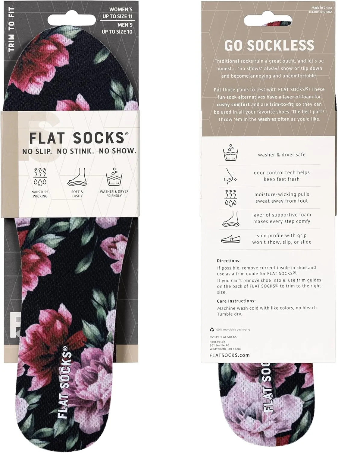 FLAT SOCKS Womens No Show Socks, Sockless Shoe Liner, No Slipping, No Stinking, Washable Barefoot Shoe Insert, Floral Print