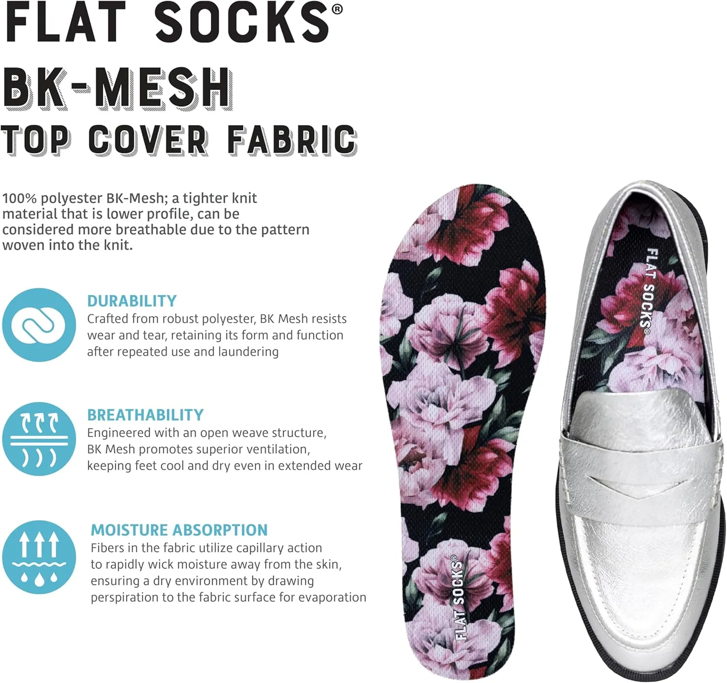 FLAT SOCKS Womens No Show Socks, Sockless Shoe Liner, No Slipping, No Stinking, Washable Barefoot Shoe Insert, Floral Print