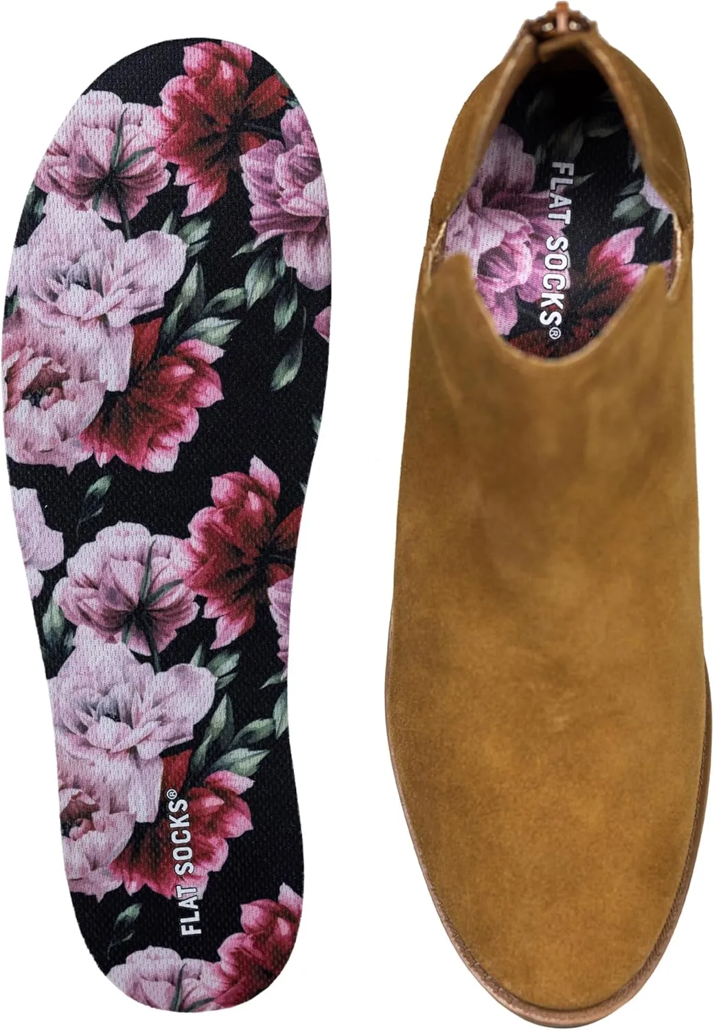 FLAT SOCKS Womens No Show Socks, Sockless Shoe Liner, No Slipping, No Stinking, Washable Barefoot Shoe Insert, Floral Print