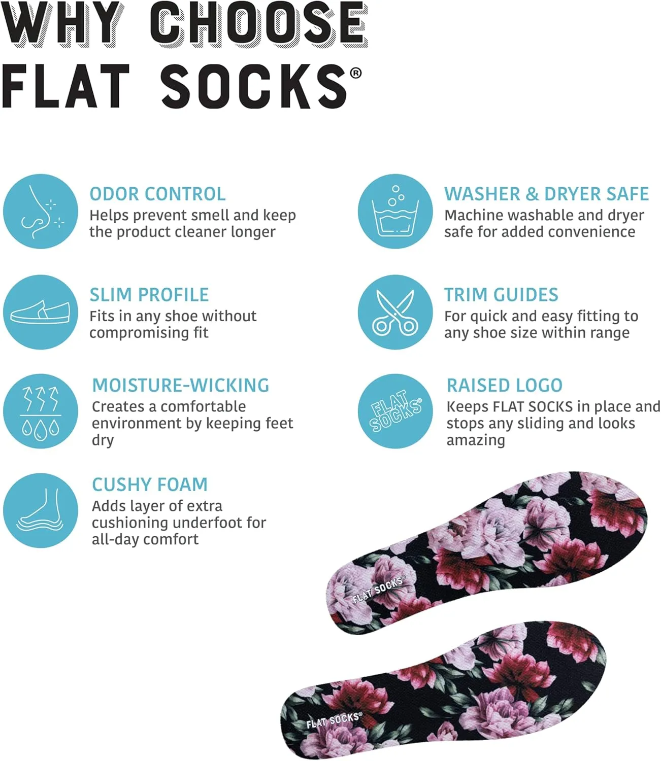 FLAT SOCKS Womens No Show Socks, Sockless Shoe Liner, No Slipping, No Stinking, Washable Barefoot Shoe Insert, Floral Print