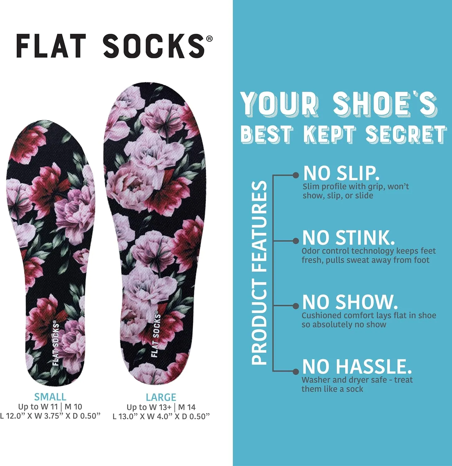 FLAT SOCKS Womens No Show Socks, Sockless Shoe Liner, No Slipping, No Stinking, Washable Barefoot Shoe Insert, Floral Print