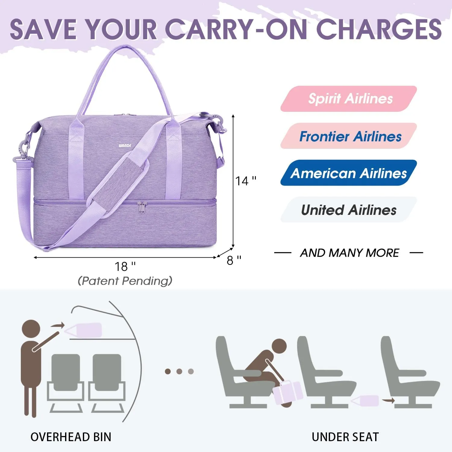 For Spirit Airlines 18x14x8 Personal Item Bag Underseat Carry On Bag with Wet Pocket & Shoe Compartment & USB Charging Port