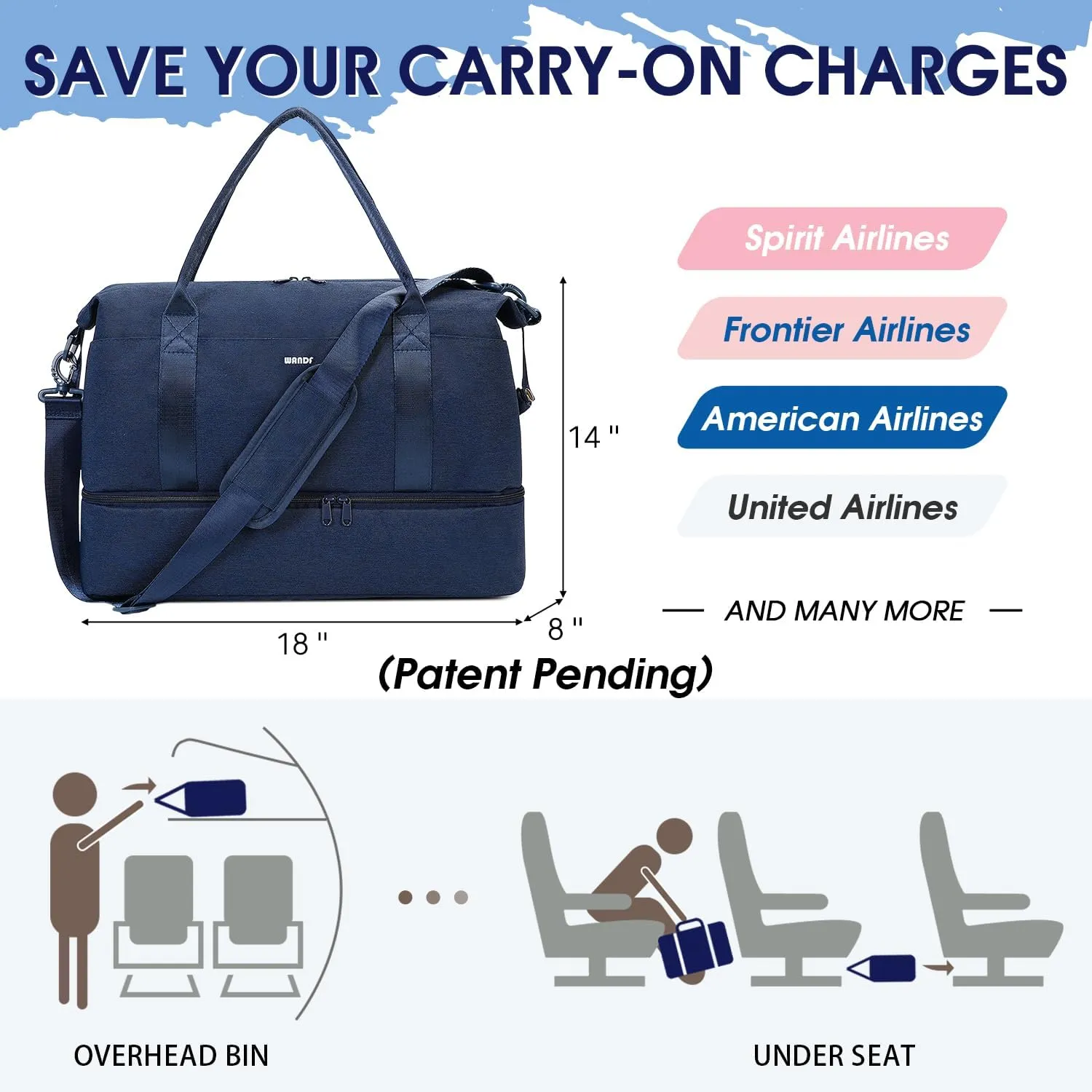 For Spirit Airlines 18x14x8 Personal Item Bag Underseat Carry On Bag with Wet Pocket & Shoe Compartment & USB Charging Port