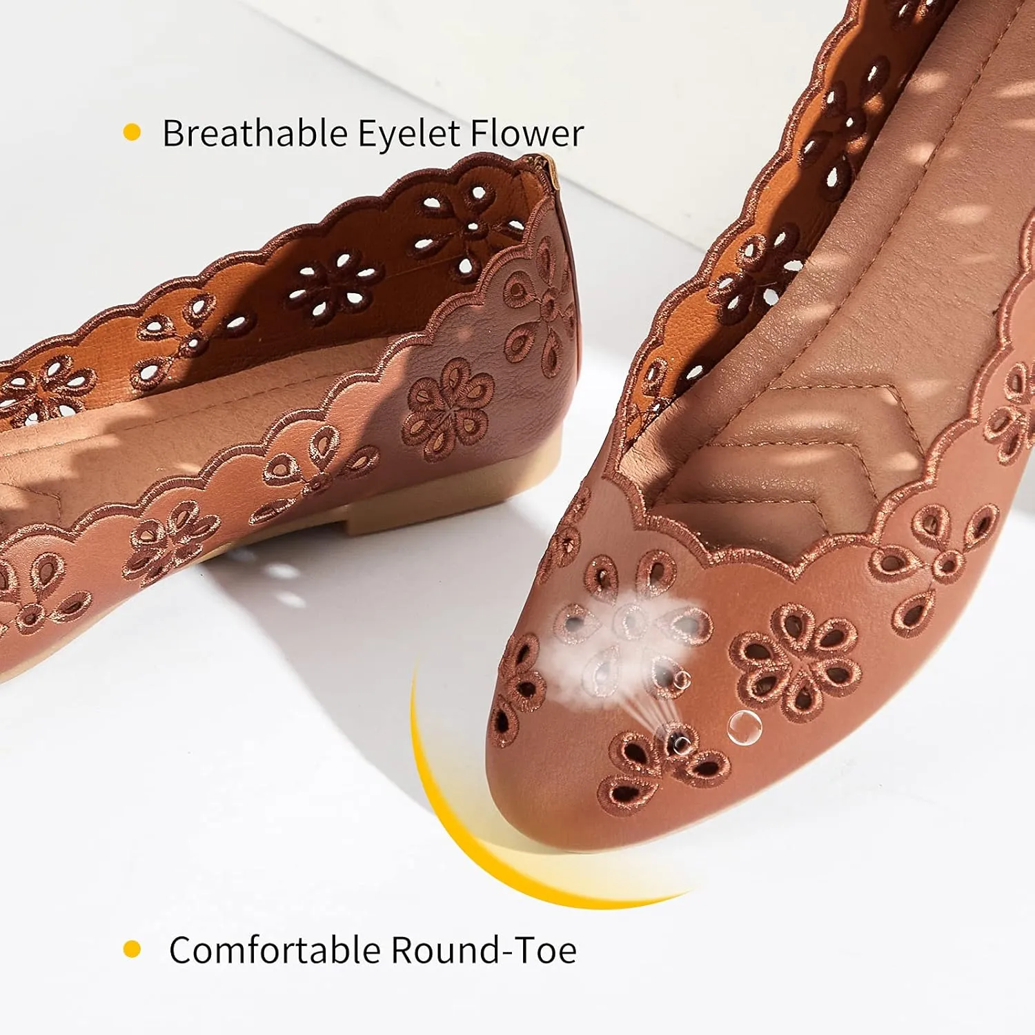 FRACORA Women's Ballet Flats Black PU Leather Dress Shoes Comfortable Round Toe Slip on Flats with Breathable Eyelets