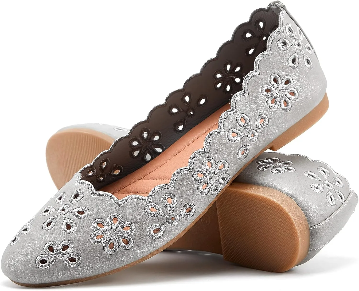 FRACORA Women's Ballet Flats Black PU Leather Dress Shoes Comfortable Round Toe Slip on Flats with Breathable Eyelets