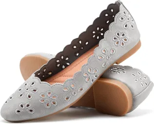 FRACORA Women's Ballet Flats Black PU Leather Dress Shoes Comfortable Round Toe Slip on Flats with Breathable Eyelets