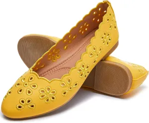FRACORA Women's Ballet Flats Black PU Leather Dress Shoes Comfortable Round Toe Slip on Flats with Breathable Eyelets