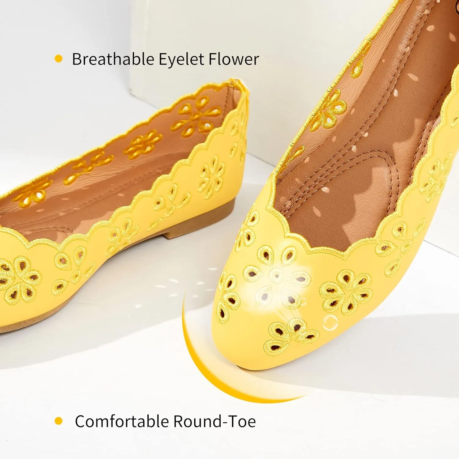 FRACORA Women's Ballet Flats Black PU Leather Dress Shoes Comfortable Round Toe Slip on Flats with Breathable Eyelets