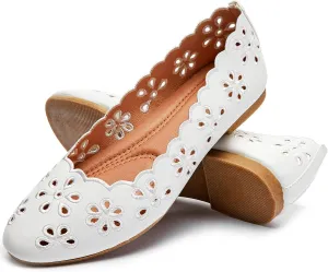 FRACORA Women's Ballet Flats Black PU Leather Dress Shoes Comfortable Round Toe Slip on Flats with Breathable Eyelets