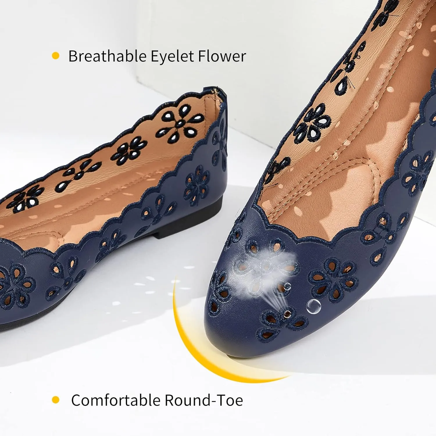 FRACORA Women's Ballet Flats Black PU Leather Dress Shoes Comfortable Round Toe Slip on Flats with Breathable Eyelets
