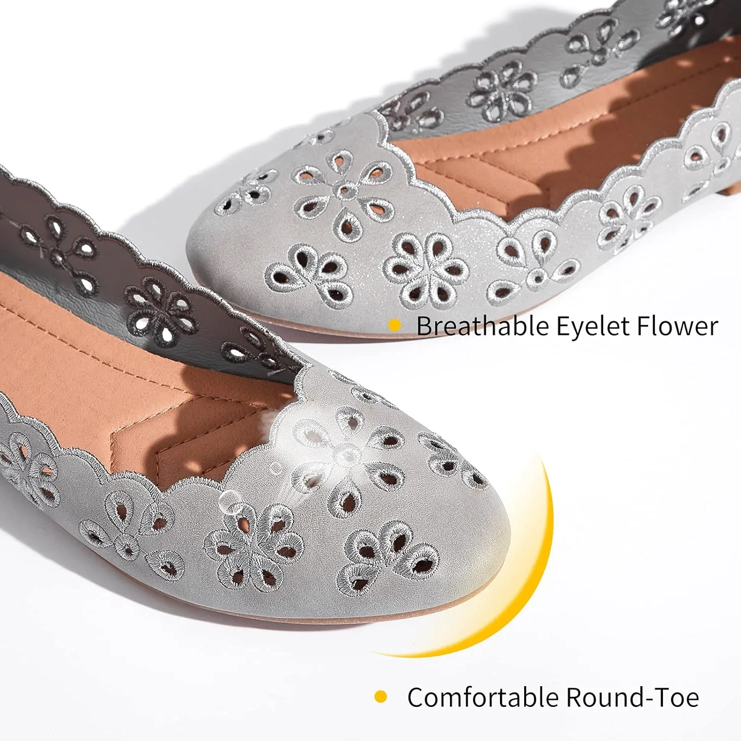 FRACORA Women's Ballet Flats Black PU Leather Dress Shoes Comfortable Round Toe Slip on Flats with Breathable Eyelets