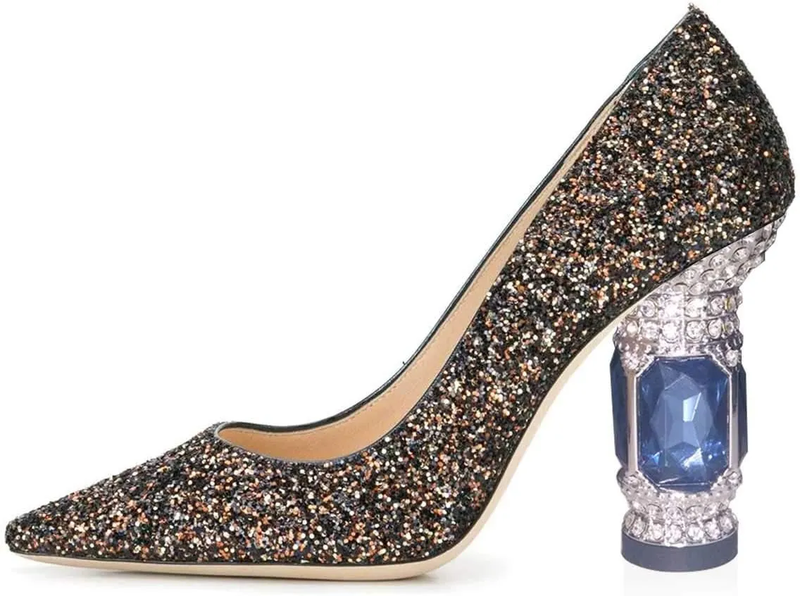 FSJ Women Bridal Pointed Toe Mid Low Heels Crystal Pumps Slip on Comfort Wedding Glitter Shoes