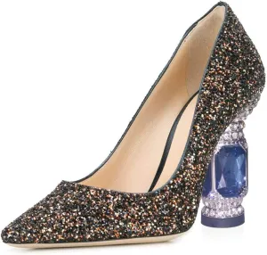 FSJ Women Bridal Pointed Toe Mid Low Heels Crystal Pumps Slip on Comfort Wedding Glitter Shoes