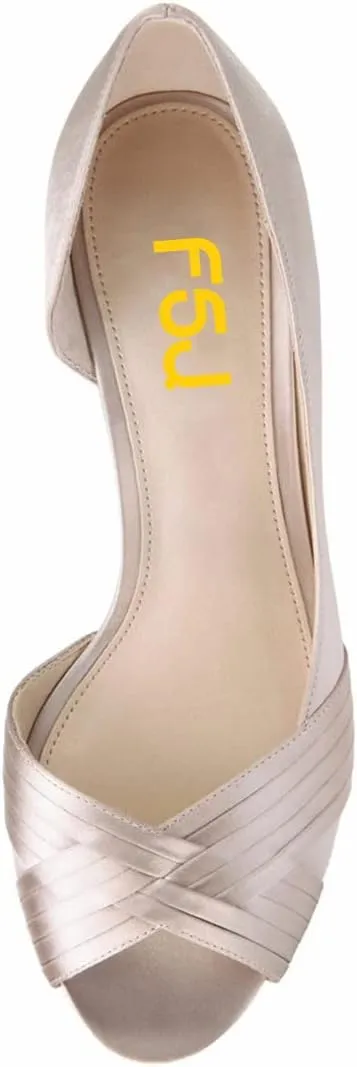 FSJ Women Low Kitten Heels Peep Toe Slip on Pumps D'Orsay Pleated Satin Sandals Evening Party Dress Comfy Office Shoes Size 4-15 US