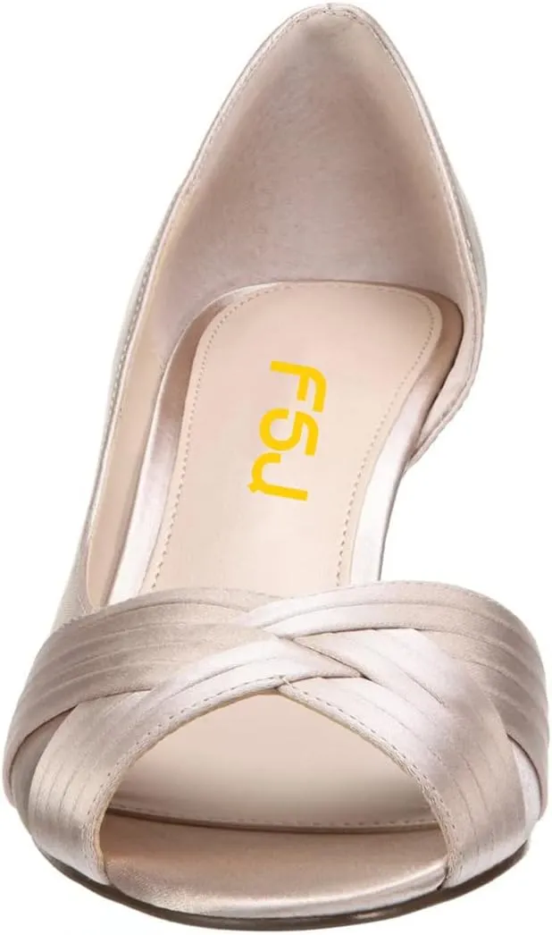 FSJ Women Low Kitten Heels Peep Toe Slip on Pumps D'Orsay Pleated Satin Sandals Evening Party Dress Comfy Office Shoes Size 4-15 US