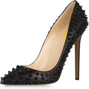 FSJ Women Sexy Studded Rivets Stiletto High Heel Pumps Classic Closed Pointed Toe Slip On Basic Spikes Shoes for Party Size 4-15 US