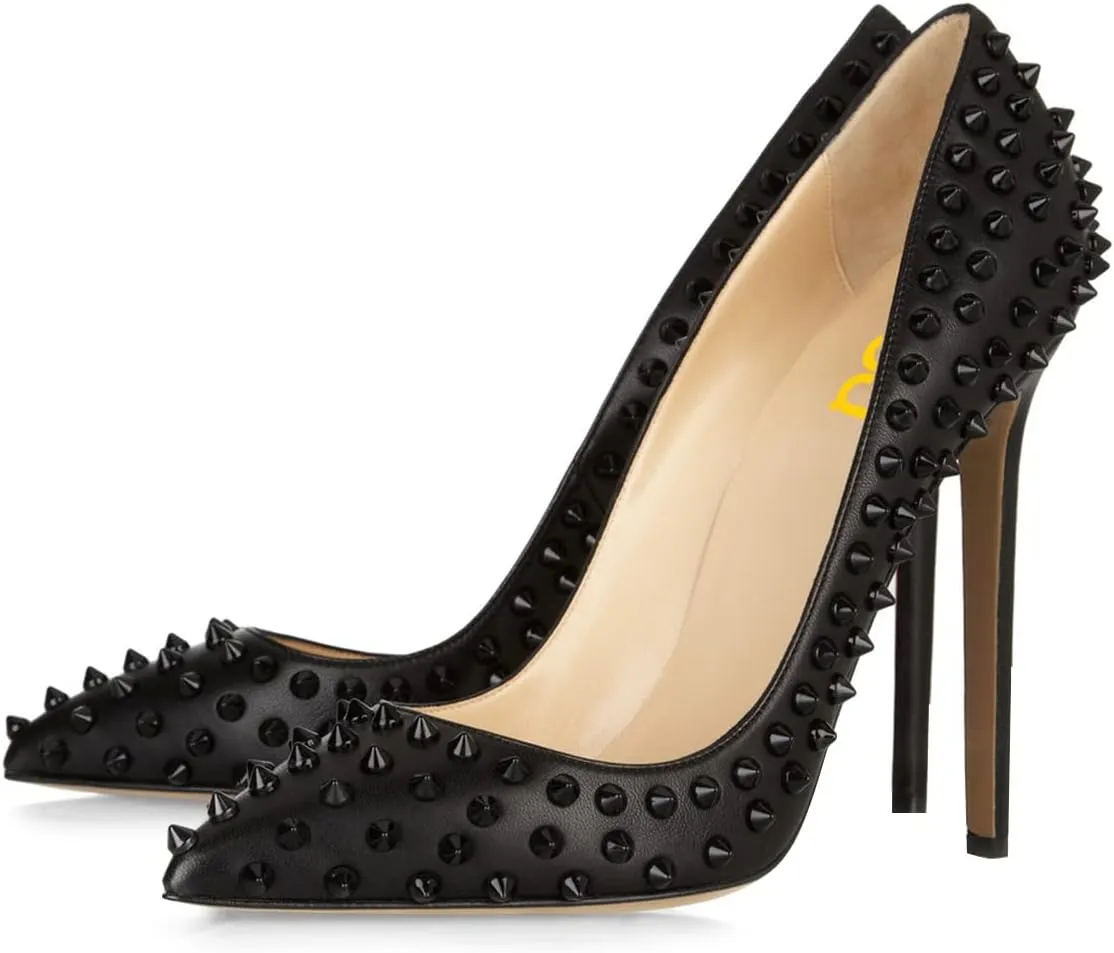 FSJ Women Sexy Studded Rivets Stiletto High Heel Pumps Classic Closed Pointed Toe Slip On Basic Spikes Shoes for Party Size 4-15 US