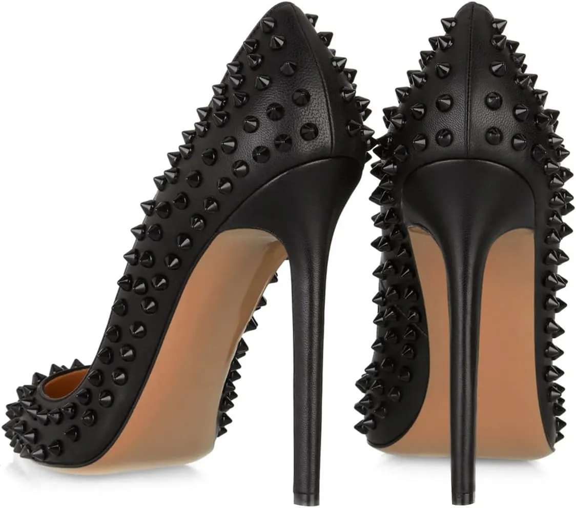 FSJ Women Sexy Studded Rivets Stiletto High Heel Pumps Classic Closed Pointed Toe Slip On Basic Spikes Shoes for Party Size 4-15 US