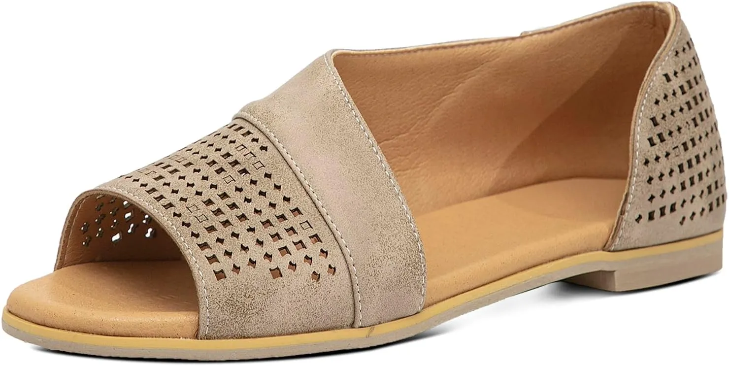 GATUXUS Women's Flats Sandals Open Toe Side Cutout Slip On Casual Slides Flat Shoes