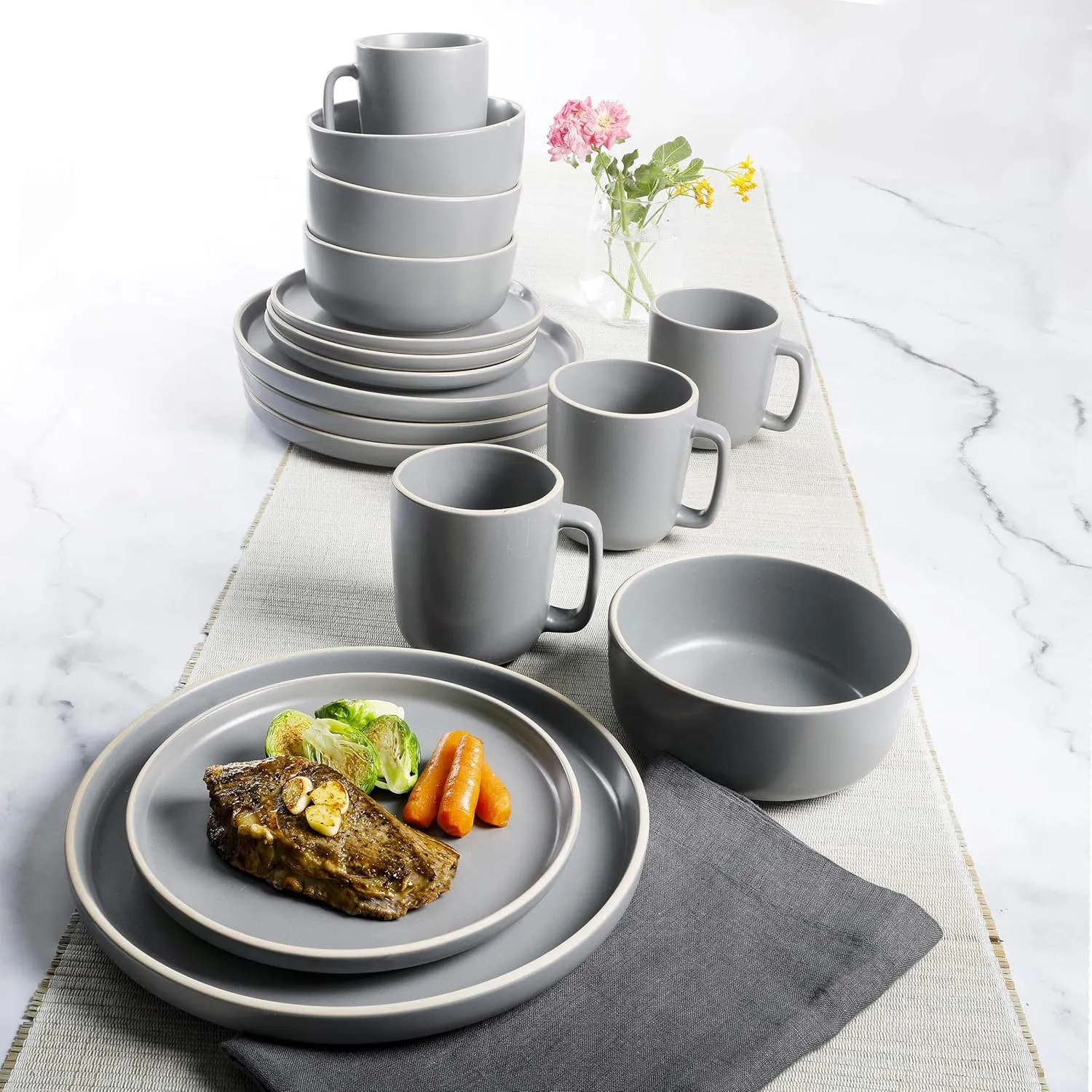 Gibson Home Zuma 16 Piece Round Kitchen Dinnerware Set, Dishes, Plates, Bowls, Mugs, Service for 4, Matte Stoneware, Grey, Gray
