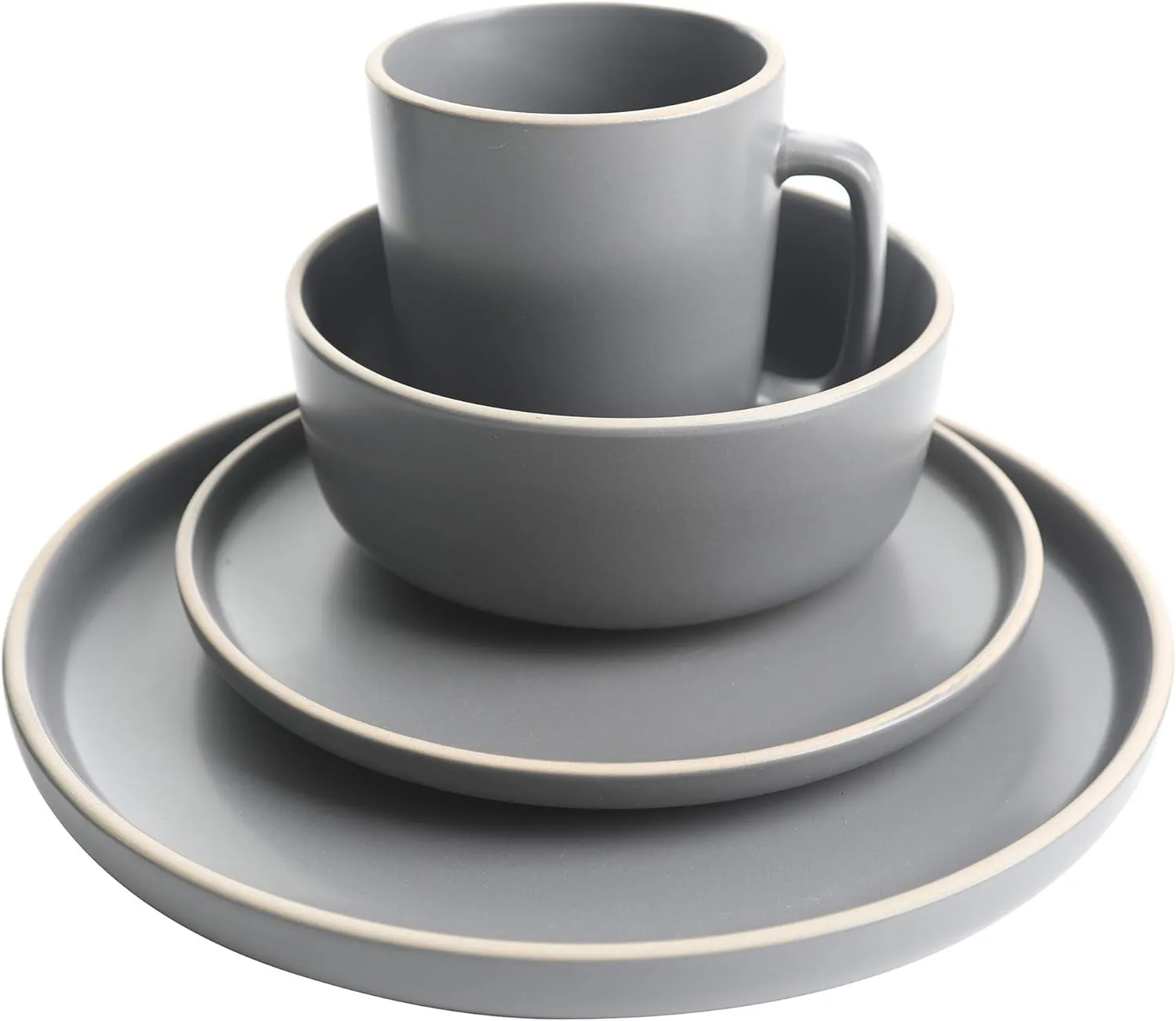 Gibson Home Zuma 16 Piece Round Kitchen Dinnerware Set, Dishes, Plates, Bowls, Mugs, Service for 4, Matte Stoneware, Grey, Gray
