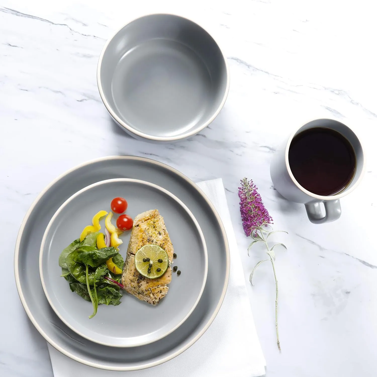 Gibson Home Zuma 16 Piece Round Kitchen Dinnerware Set, Dishes, Plates, Bowls, Mugs, Service for 4, Matte Stoneware, Grey, Gray