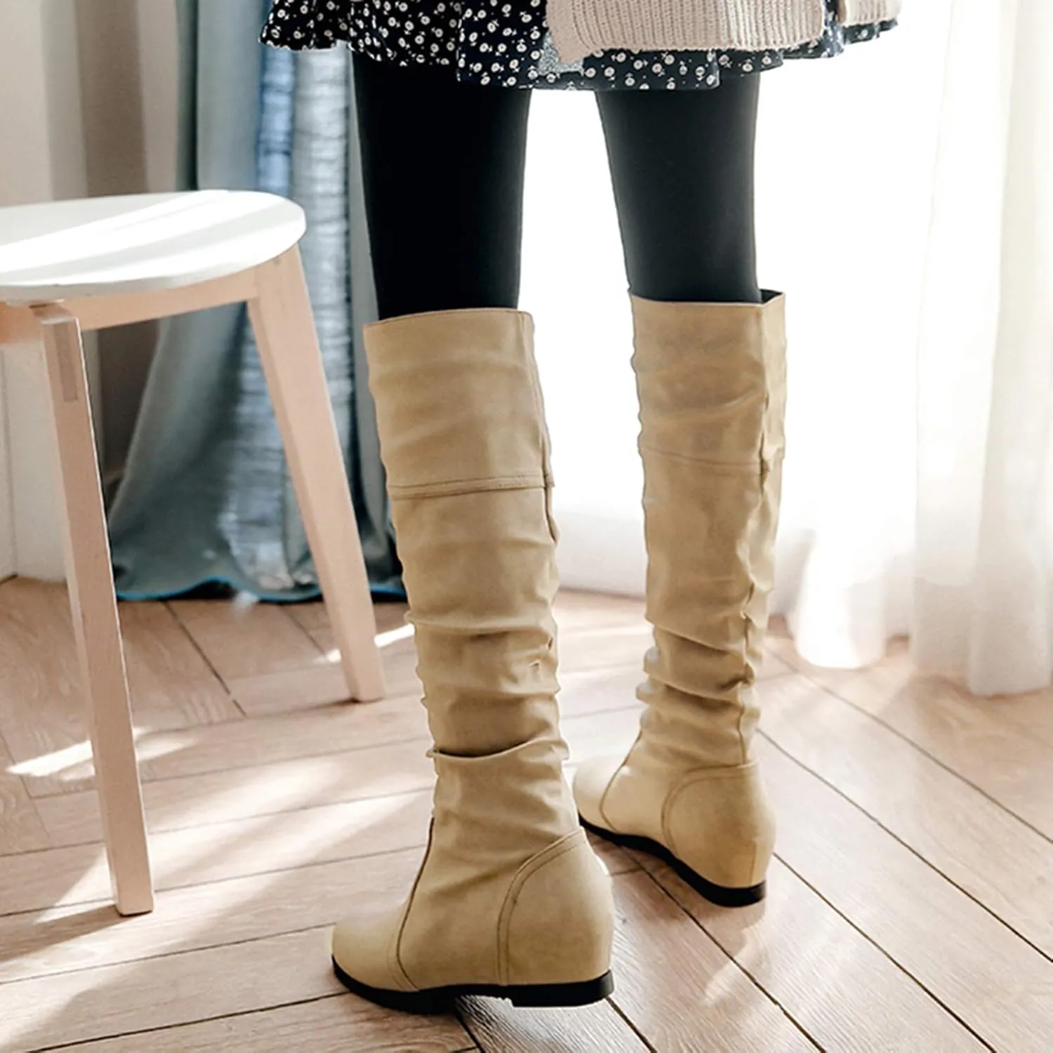 Gicoiz Women Slip On Comfy Knee High Slouch Moccasin Boots