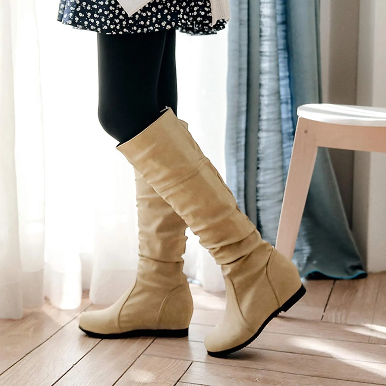 Gicoiz Women Slip On Comfy Knee High Slouch Moccasin Boots