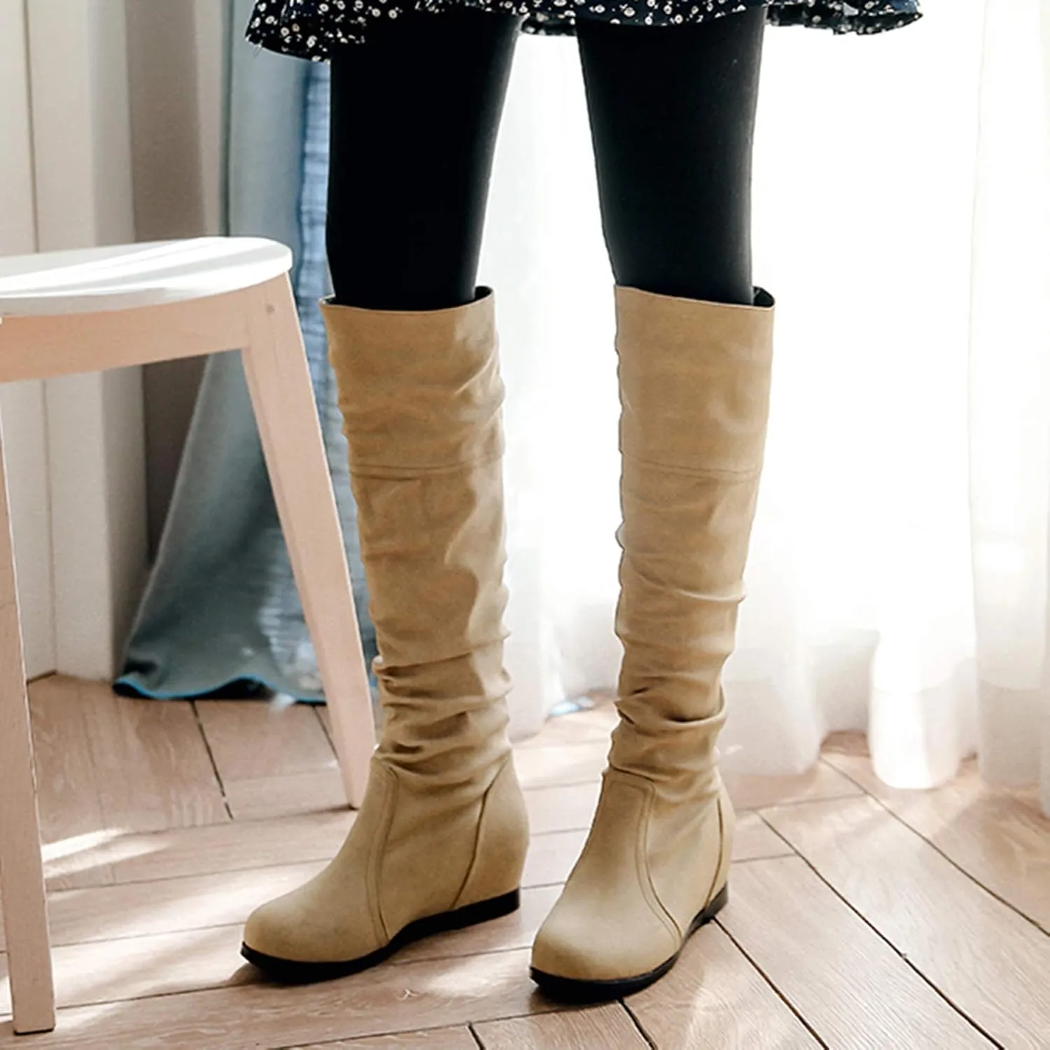 Gicoiz Women Slip On Comfy Knee High Slouch Moccasin Boots