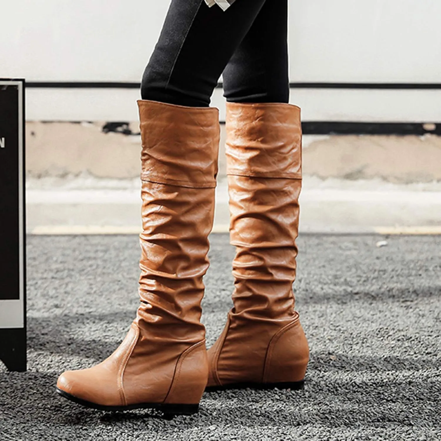 Gicoiz Women Slip On Comfy Knee High Slouch Moccasin Boots