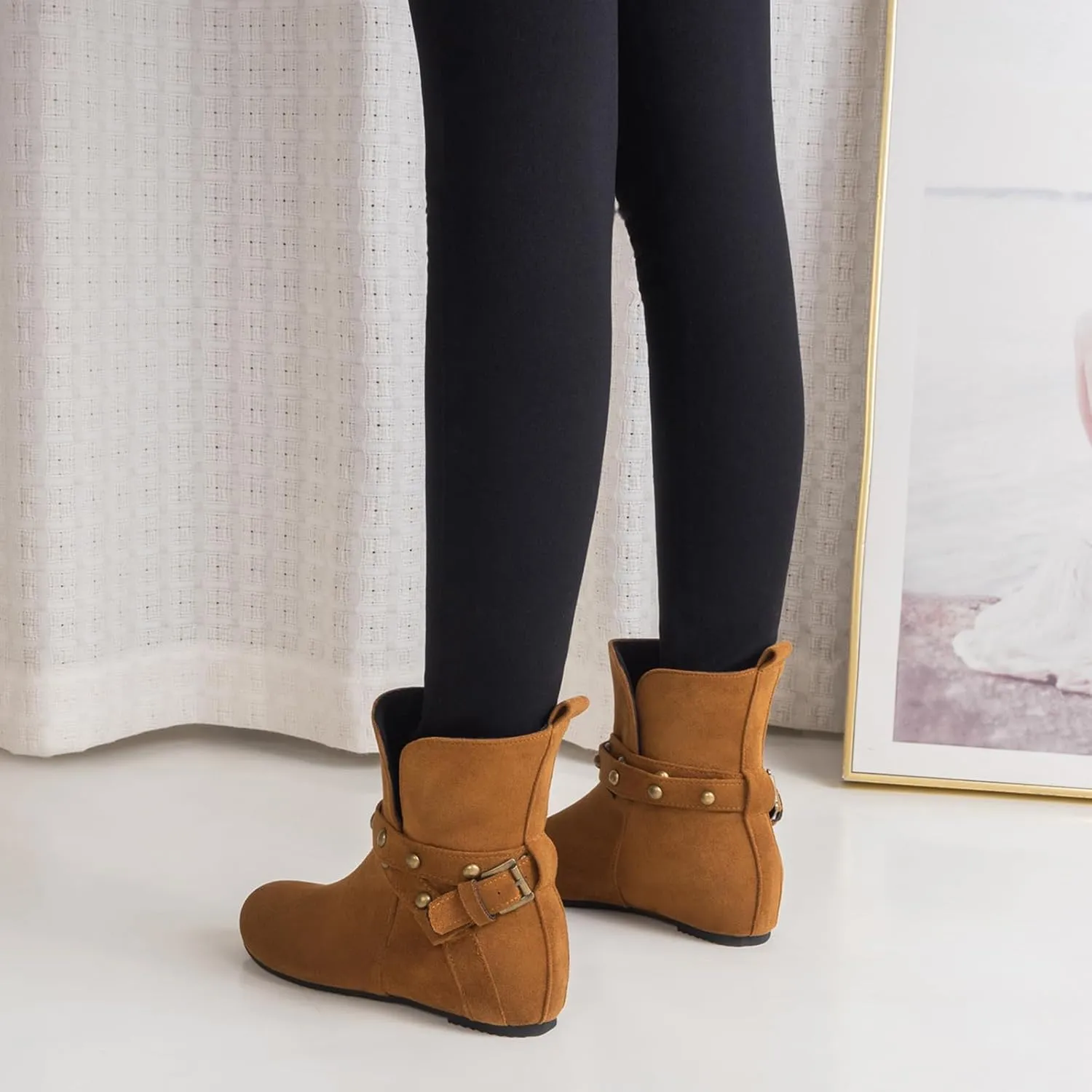 Gicoiz Women Slip On Round Toe Comfy Moccasin Ankle Boots