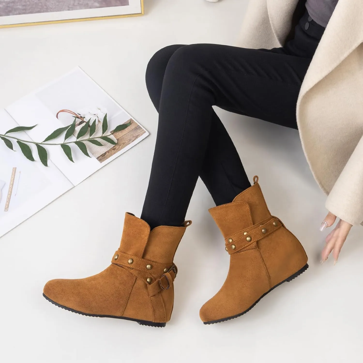 Gicoiz Women Slip On Round Toe Comfy Moccasin Ankle Boots