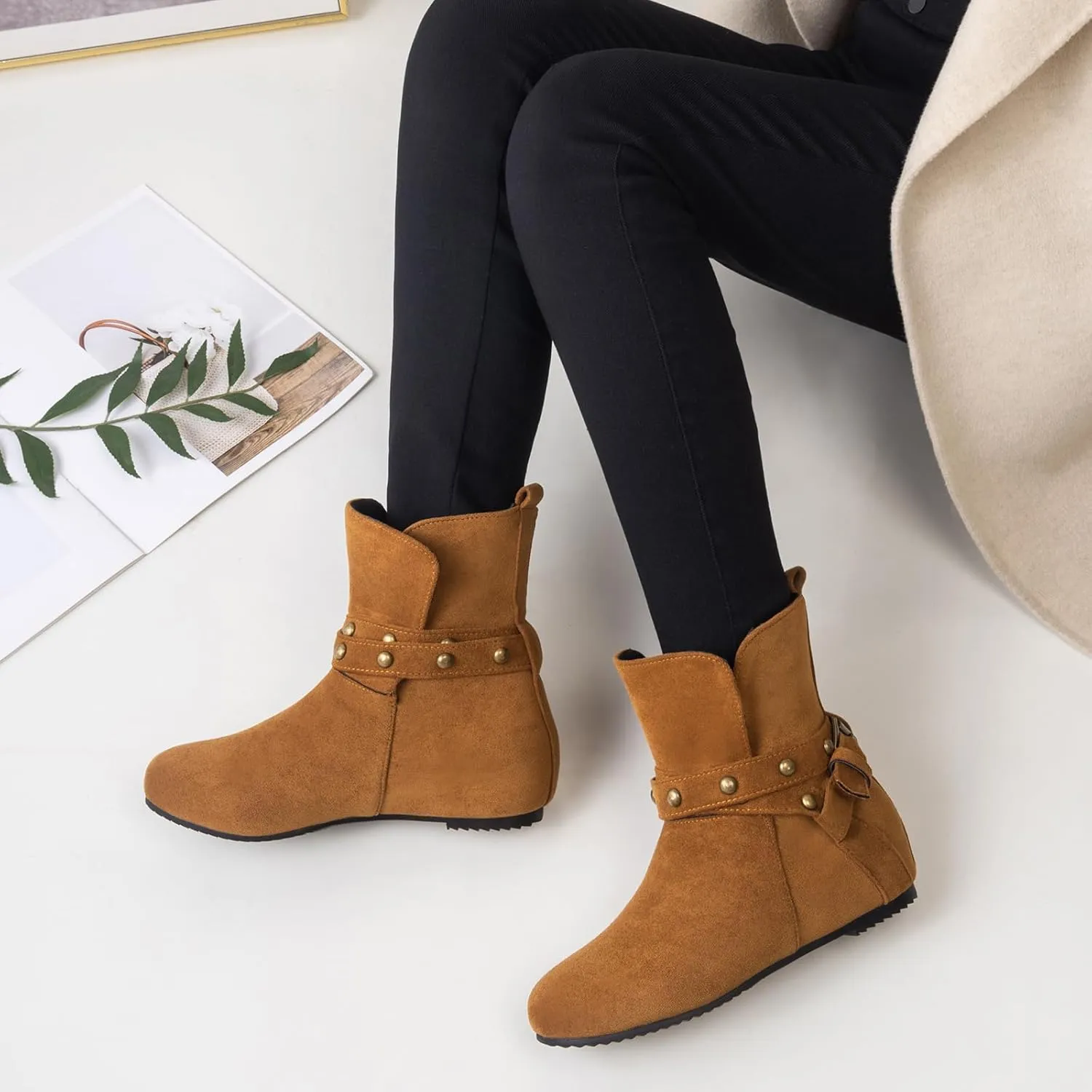 Gicoiz Women Slip On Round Toe Comfy Moccasin Ankle Boots