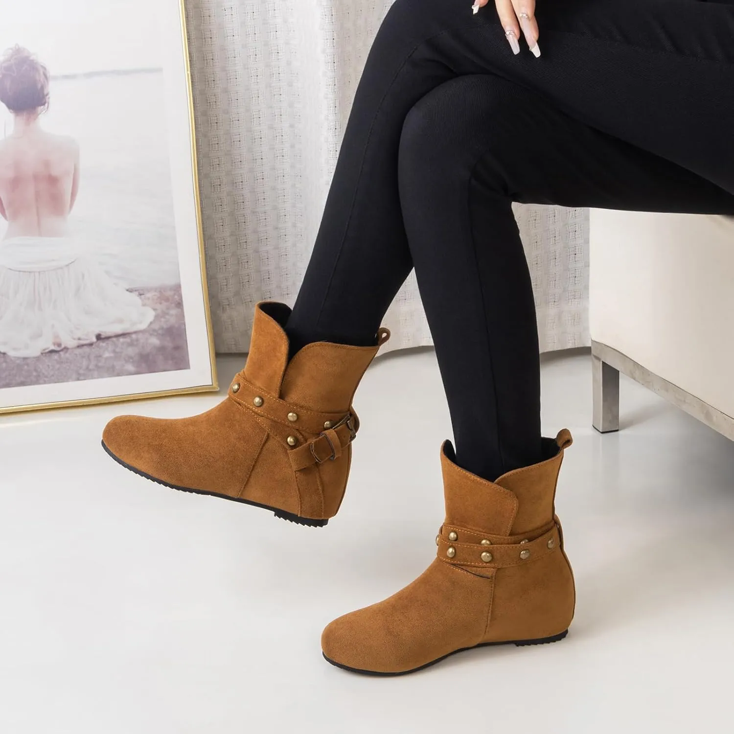 Gicoiz Women Slip On Round Toe Comfy Moccasin Ankle Boots